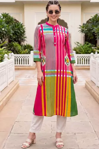 Women Striped Cotton Kurta with Trousers