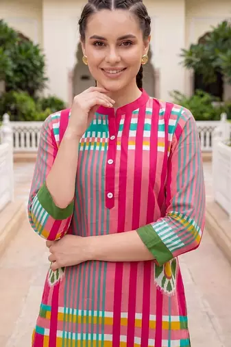 Women Striped Cotton Kurta with Trousers