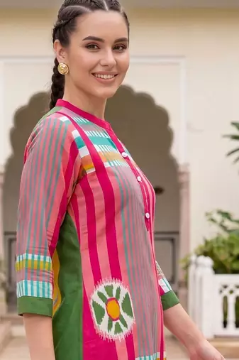 Women Striped Cotton Kurta with Trousers