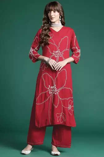 Floral Embroidered Thread Work Kurta with Palazzos