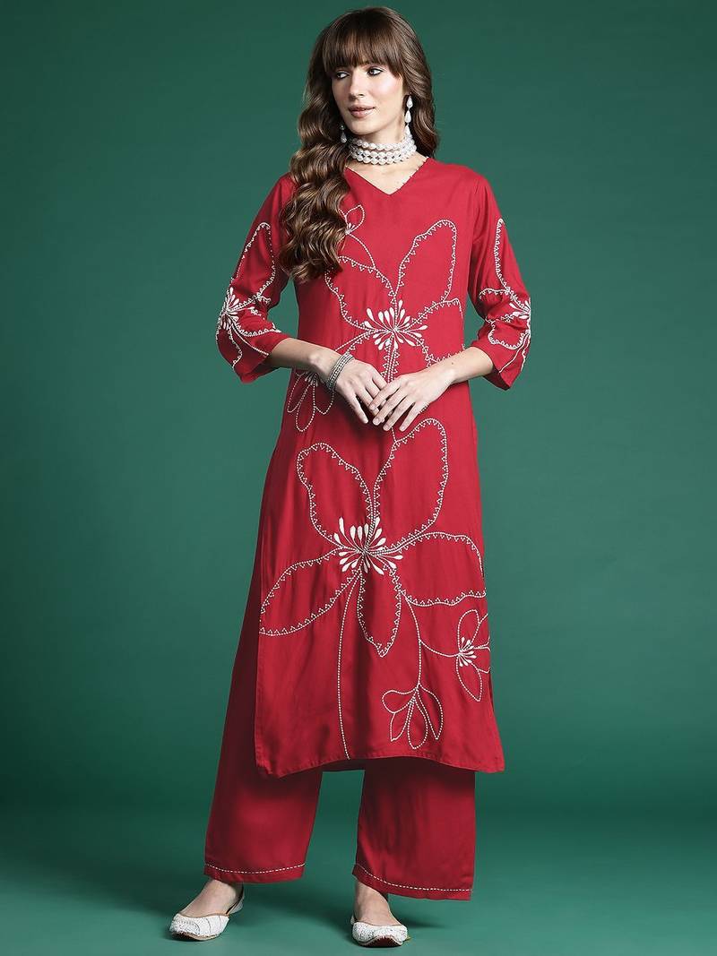 Floral Embroidered Thread Work Kurta with Palazzos