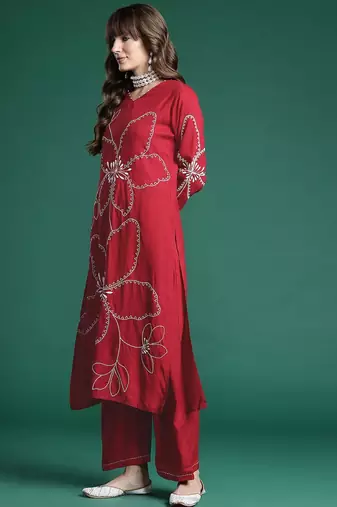Floral Embroidered Thread Work Kurta with Palazzos