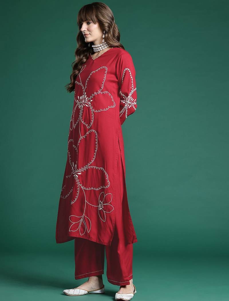 Floral Embroidered Thread Work Kurta with Palazzos