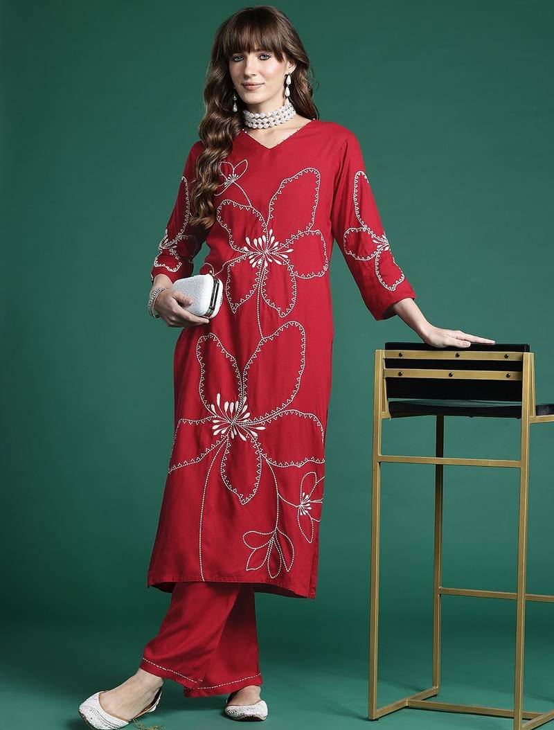 Floral Embroidered Thread Work Kurta with Palazzos