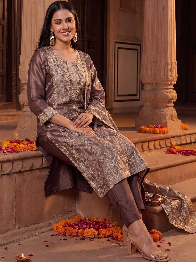 Women Ethnic Motifs Embroidered Kurta with Trousers & With Dupatta