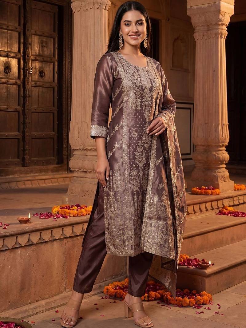 Women Ethnic Motifs Embroidered Kurta with Trousers & With Dupatta