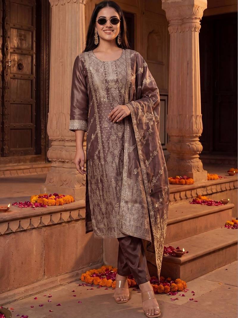 Women Ethnic Motifs Embroidered Kurta with Trousers & With Dupatta