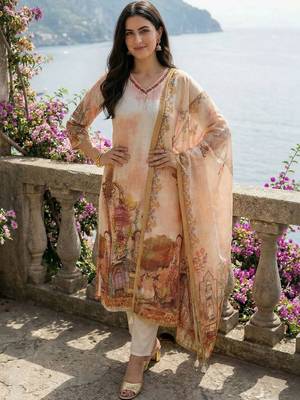 Women Ethnic Motifs Printed Thread Work Linen Kurta with Trousers & With Dupatta 1