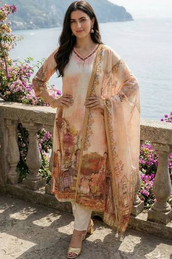 Women Ethnic Motifs Printed Thread Work Linen Kurta with Trousers & With Dupatta