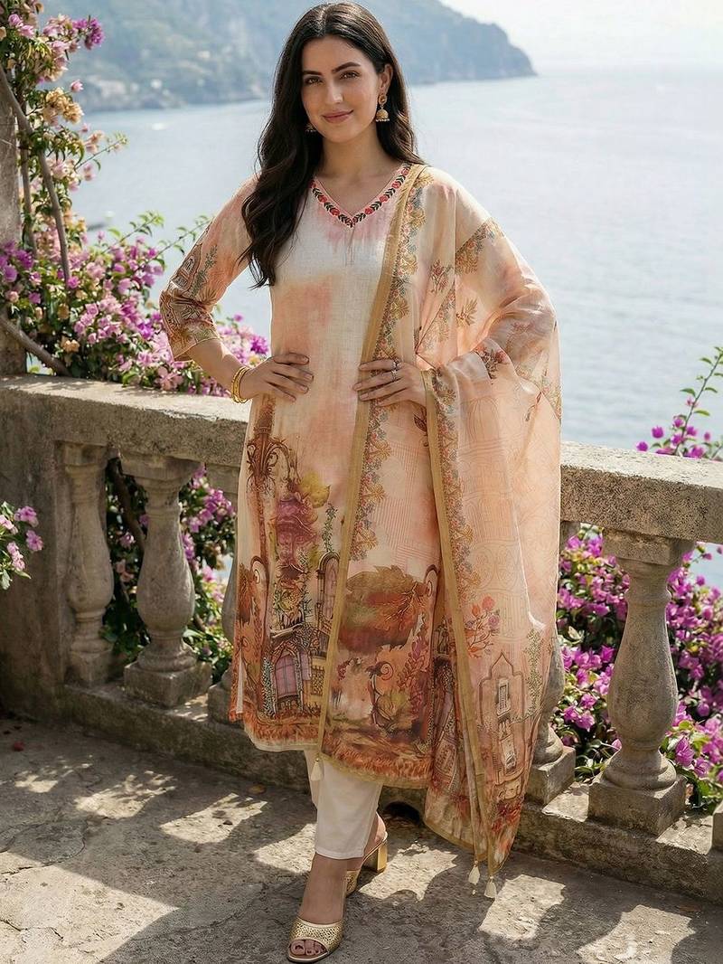 Women Ethnic Motifs Printed Thread Work Linen Kurta with Trousers & With Dupatta