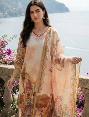 Women Ethnic Motifs Printed Thread Work Linen Kurta with Trousers & With Dupatta 2