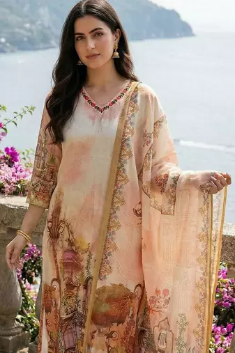 Women Ethnic Motifs Printed Thread Work Linen Kurta with Trousers & With Dupatta