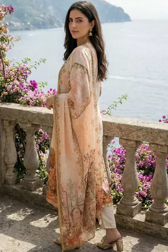 Women Ethnic Motifs Printed Thread Work Linen Kurta with Trousers & With Dupatta