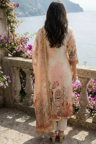 Women Ethnic Motifs Printed Thread Work Linen Kurta with Trousers & With Dupatta