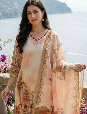 Women Ethnic Motifs Printed Thread Work Linen Kurta with Trousers & With Dupatta 5