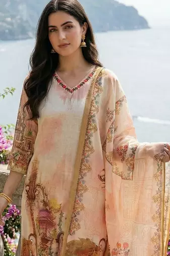 Women Ethnic Motifs Printed Thread Work Linen Kurta with Trousers & With Dupatta