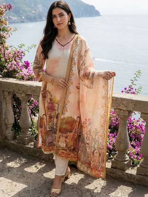 Women Ethnic Motifs Printed Thread Work Linen Kurta with Trousers & With Dupatta 6
