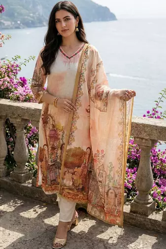Women Ethnic Motifs Printed Thread Work Linen Kurta with Trousers & With Dupatta