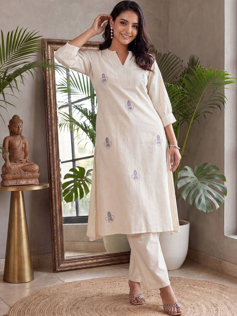 Women Ethnic Motifs Embroidered Thread Work Cotton Kurta With Palazzos