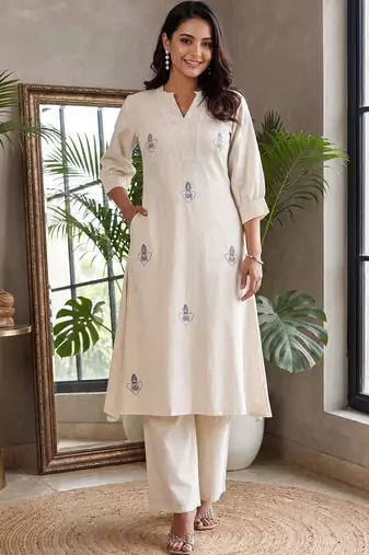 Women Ethnic Motifs Embroidered Thread Work Cotton Kurta With Palazzos