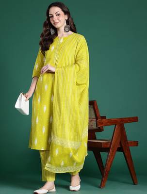 Geometric Printed Sequinned Cotton Kurta with Trousers & Dupatta 1