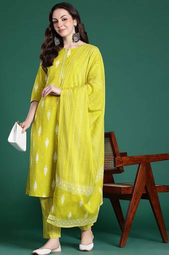 Geometric Printed Sequinned Cotton Kurta with Trousers & Dupatta
