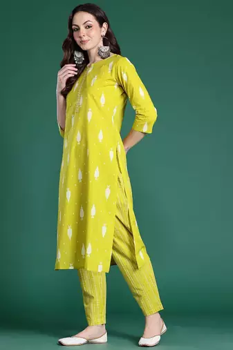 Geometric Printed Sequinned Cotton Kurta with Trousers & Dupatta