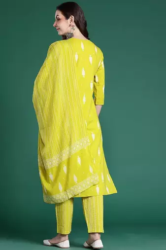 Geometric Printed Sequinned Cotton Kurta with Trousers & Dupatta