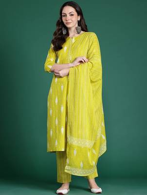 Geometric Printed Sequinned Cotton Kurta with Trousers & Dupatta 7