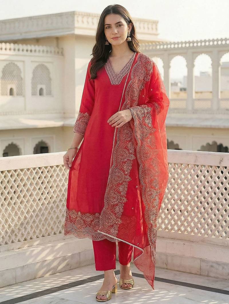Women Embroidered Thread Work Kurta with Trousers & With Dupatta