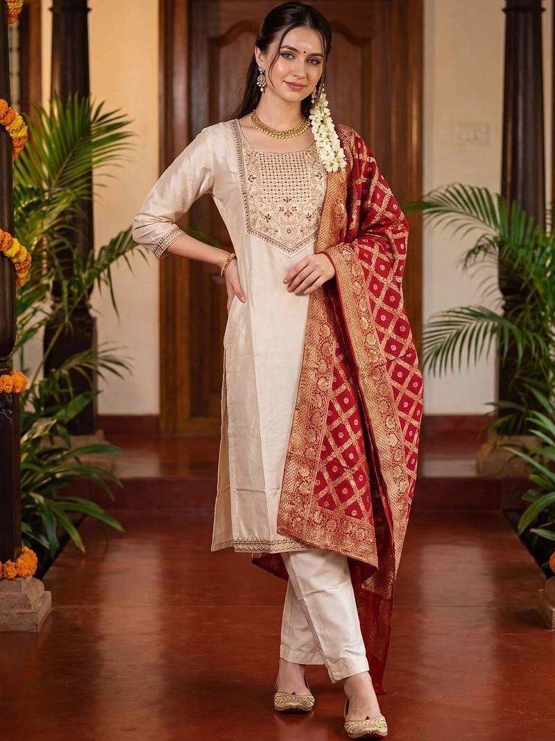 Women Ethnic Motifs Embroidered Thread Work Kurta with Trousers & With Dupatta