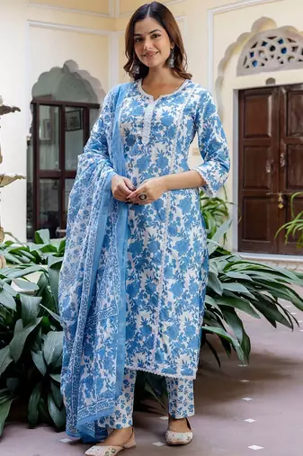 Women Floral Printed Panelled Beads and Stones Cotton Kurta with Trousers & With Dupatta