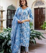 Women Floral Printed Panelled Beads and Stones Cotton Kurta with Trousers & With Dupatta