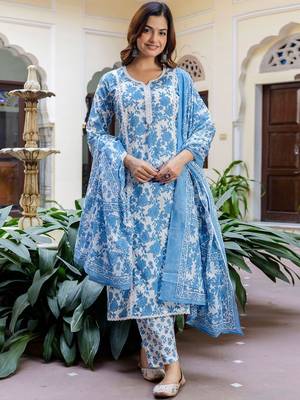Women Floral Printed Panelled Beads and Stones Cotton Kurta with Trousers & With Dupatta 6