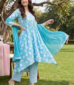 Women Floral Printed Empire Cotton Kurta With Trousers & Dupatta