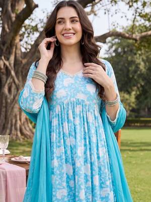 Women Floral Printed Empire Cotton Kurta With Trousers & Dupatta 2