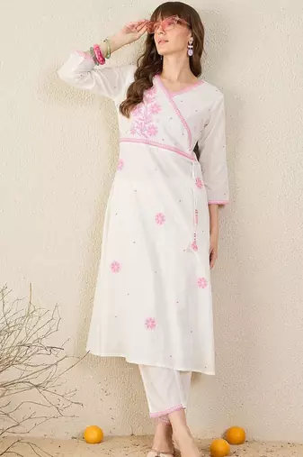 Women Floral Embroidered Angrakha Thread Work Cotton Kurta with Trousers