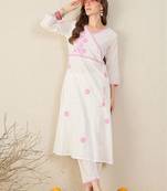 Women Floral Embroidered Angrakha Thread Work Cotton Kurta with Trousers
