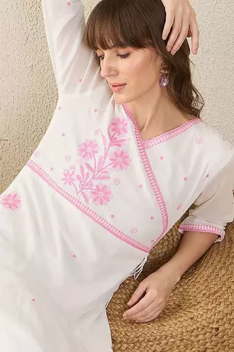 Women Floral Embroidered Angrakha Thread Work Cotton Kurta with Trousers