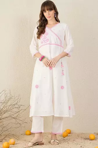 Women Floral Embroidered Angrakha Thread Work Cotton Kurta with Trousers