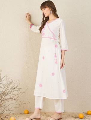 Women Floral Embroidered Angrakha Thread Work Cotton Kurta with Trousers 6