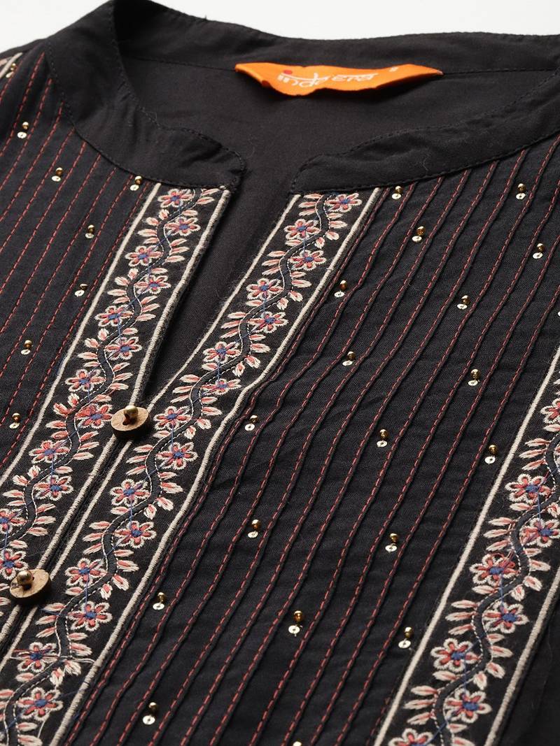 Floral Embroidered Thread Work Cotton Kurta with Trousers & Dupatta