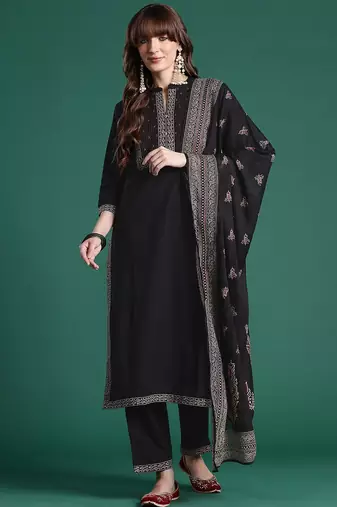 Floral Embroidered Thread Work Cotton Kurta with Trousers & Dupatta