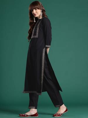 Floral Embroidered Thread Work Cotton Kurta with Trousers & Dupatta 6