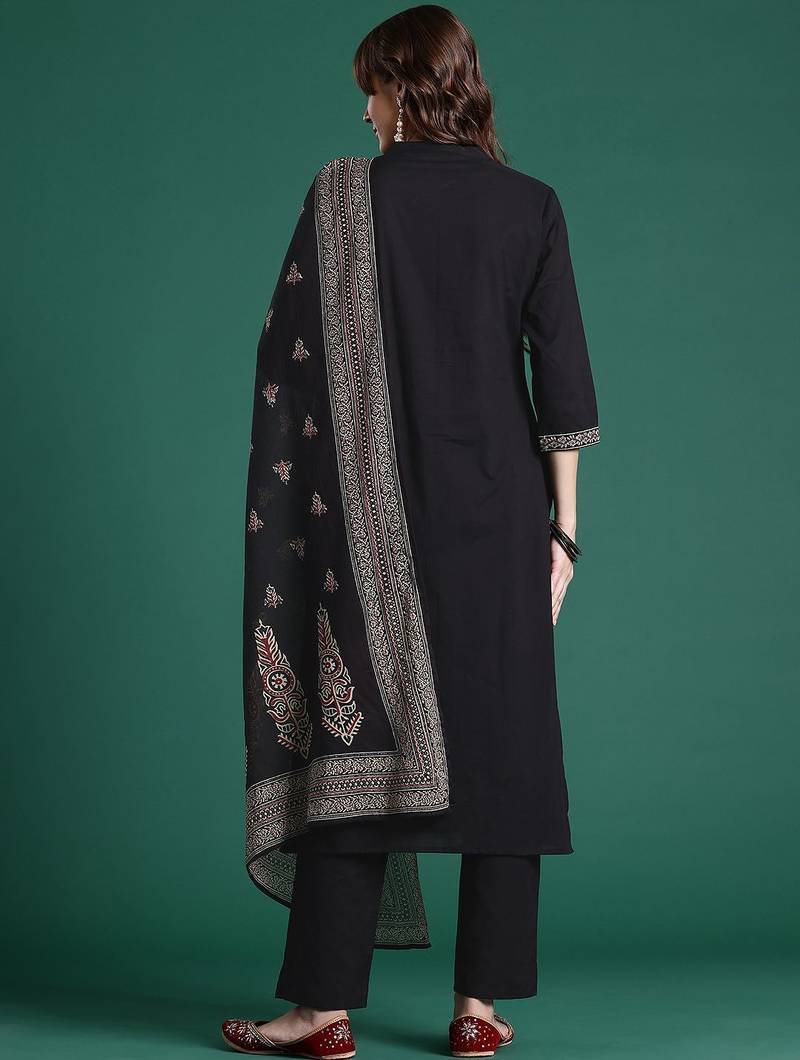 Floral Embroidered Thread Work Cotton Kurta with Trousers & Dupatta