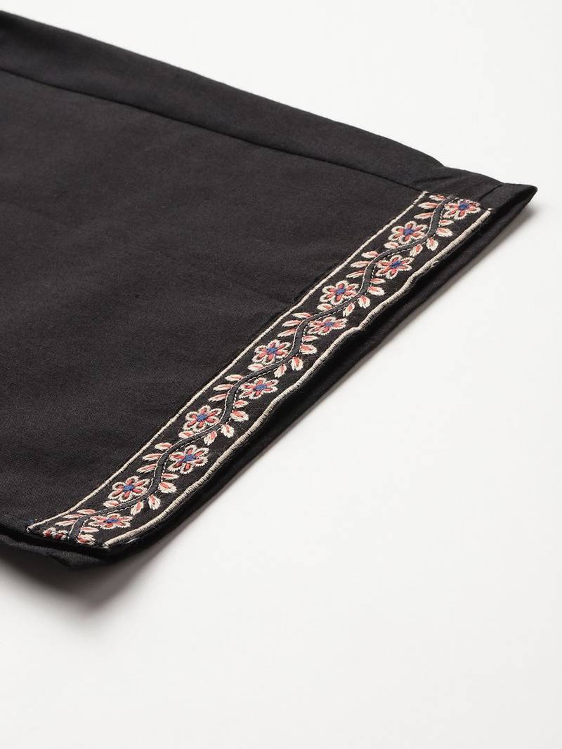 Floral Embroidered Thread Work Cotton Kurta with Trousers & Dupatta
