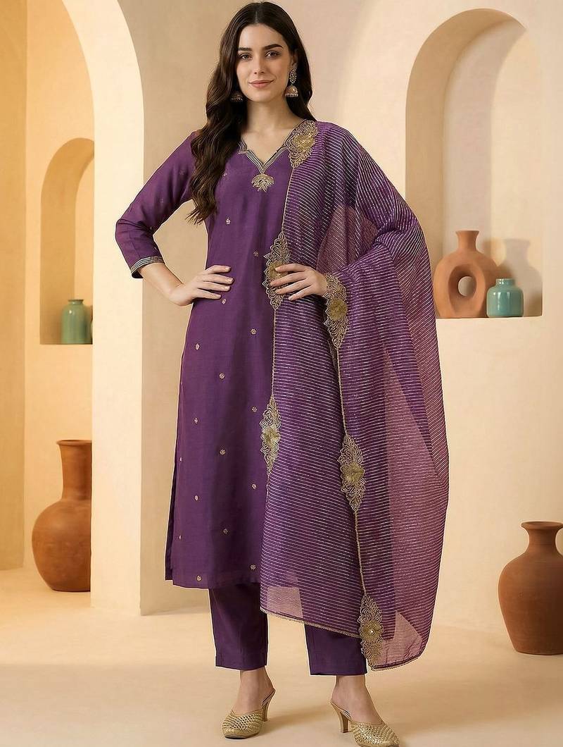 Women Ethnic Motifs Embroidered Thread Work Kurta with Trousers & With Dupatta