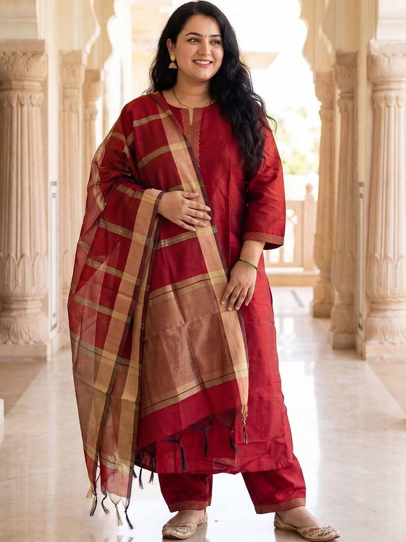 Women Thread Work Kurta with Trousers & With Dupatta