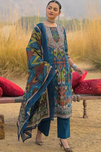 Women Ethnic Motifs Printed Mirror Work Cotton Kurta with Trousers & With Dupatta