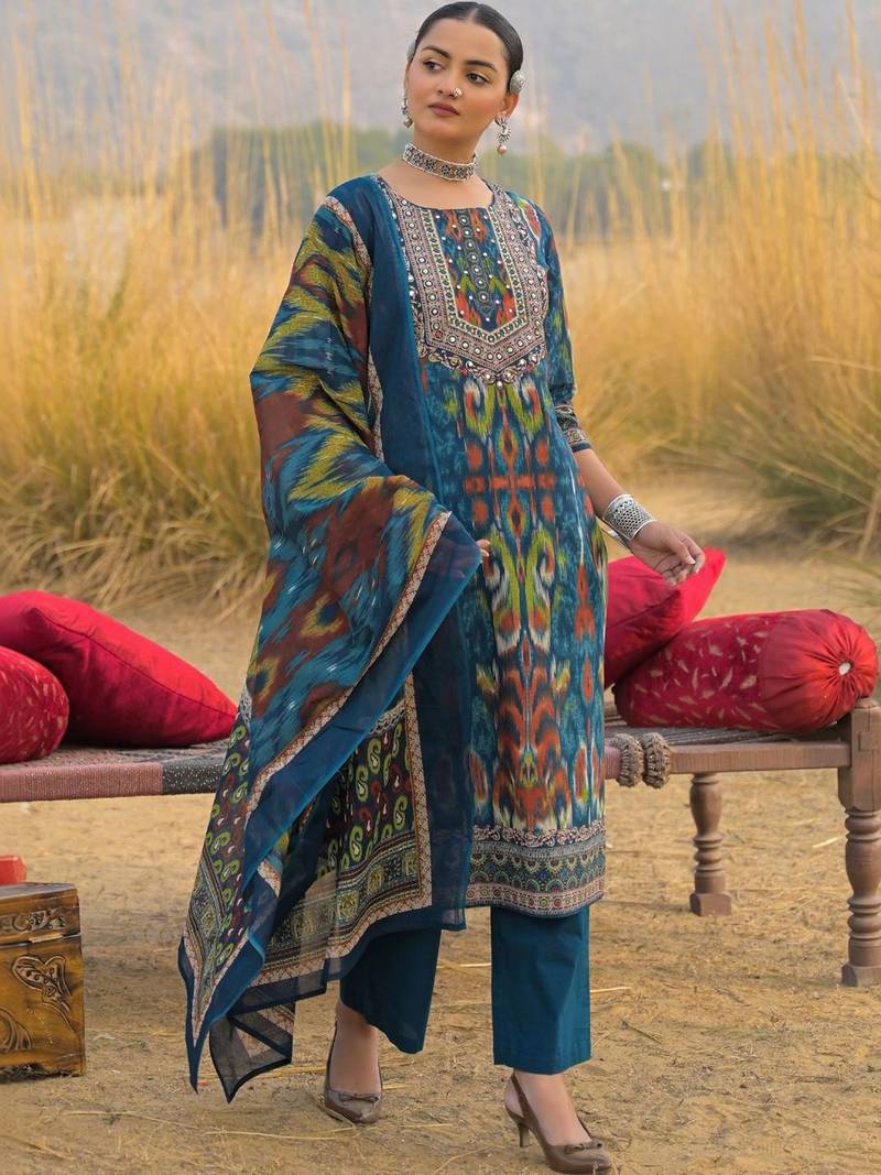 Women Ethnic Motifs Printed Mirror Work Cotton Kurta with Trousers & With Dupatta